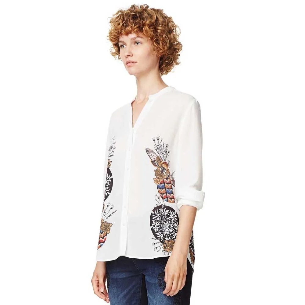 Desigual White Blouse Shirt with Artistic Design Rolled Sleeves